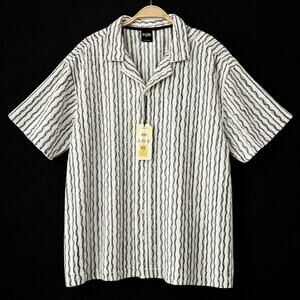 Malibu Mens Boho Textured Stripe Zigzag Camp Shirt Short Sleeve 2XL Ecru Black